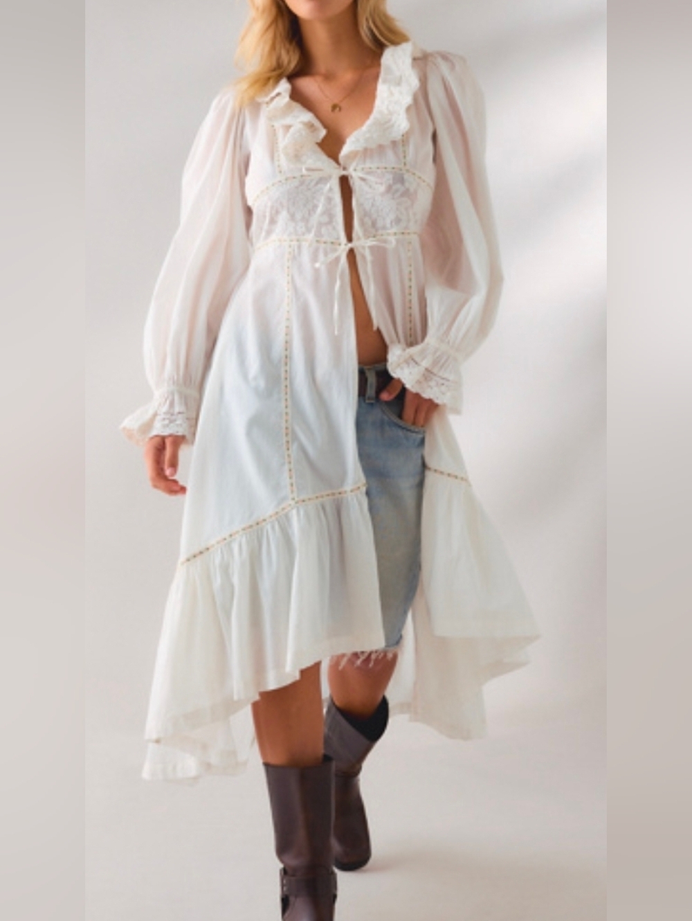 Kimchi Blue Eyelet Lace Trim Ruffled Tie-Front Maxi Top